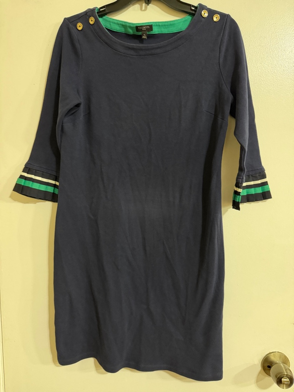 Talbots Navy Shift Dress with Green Trim and Gold Buttons